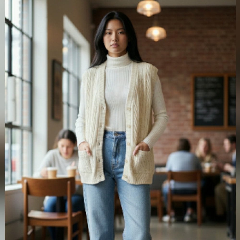 VTG Northern Isles Chunky Cable-Knit Sweater Vest Button Ivory Sz S Fisherman